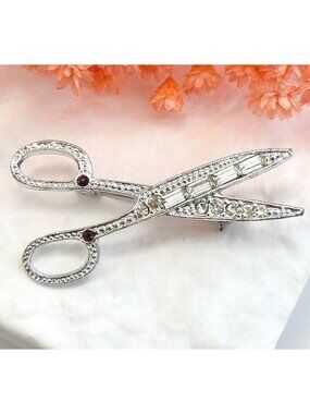 Mint Rhinestone Scissor Vintage Silver Toned Vintage Costume Brooch | Lapel Pin